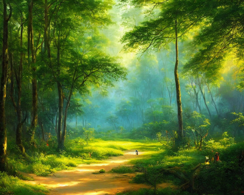 Tranquil forest scene with sunlit path, greenery, mist, and distant figures