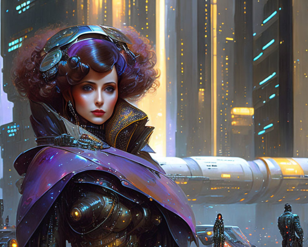 Futuristic woman in ornate attire with cityscape and flying cars