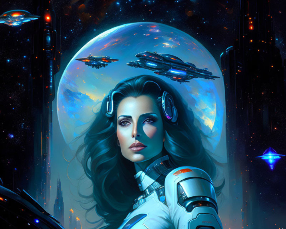 Female astronaut with headphones in futuristic cityscape.