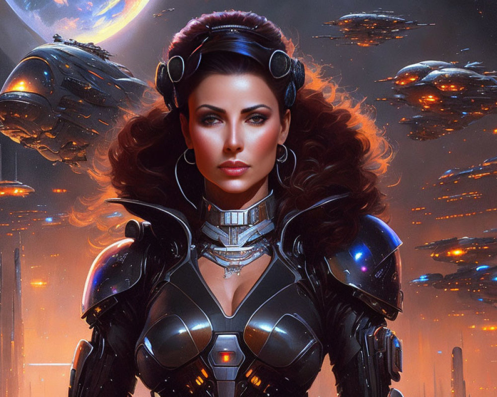 Futuristic female warrior in sci-fi armor suit with city skyline and flying vehicles