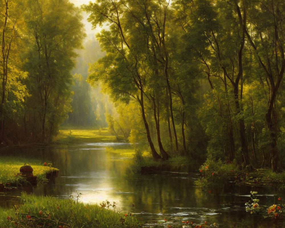 Tranquil river in lush forest with sunlight and greenery