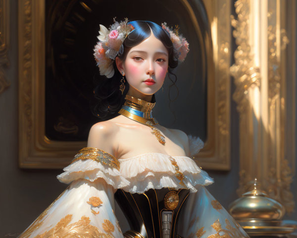 Gold-accented white dress woman in room with gilded mirrors