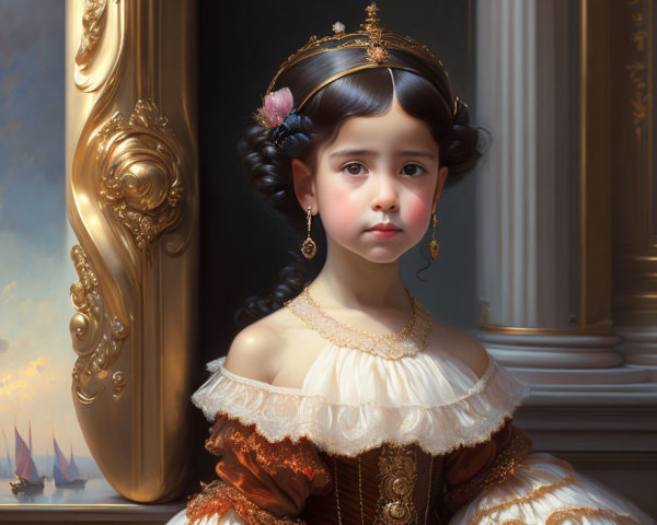 Young girl in vintage dress with pearl necklace near sea balustrade