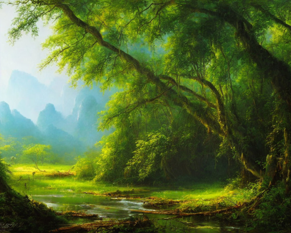 Tranquil forest scene with sunbeams, creek, flora, and mountains