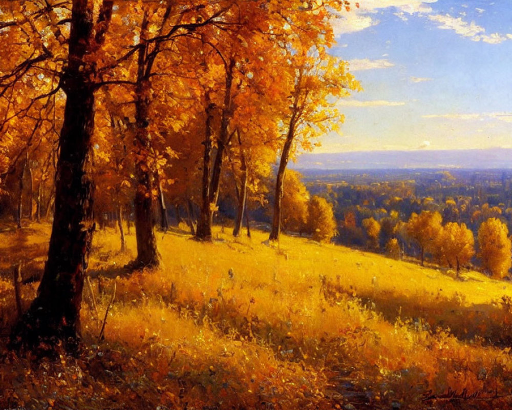 Golden-orange trees in sunlit autumn landscape