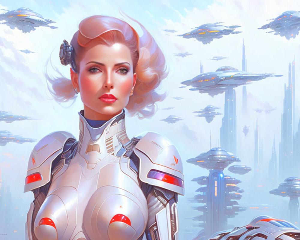 Red-haired female in futuristic armor with cityscape backdrop