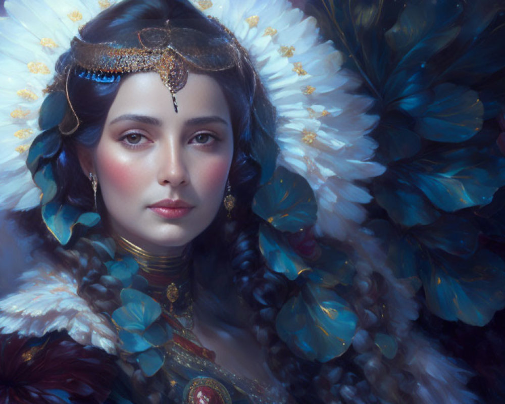 Elaborate feathered headdress woman in regal blue outfit