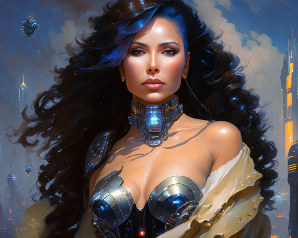 Futuristic female character with blue hair and cybernetic armor in sci-fi fantasy scene