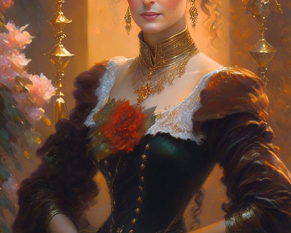 Victorian-style gown with flowers and candles in the background