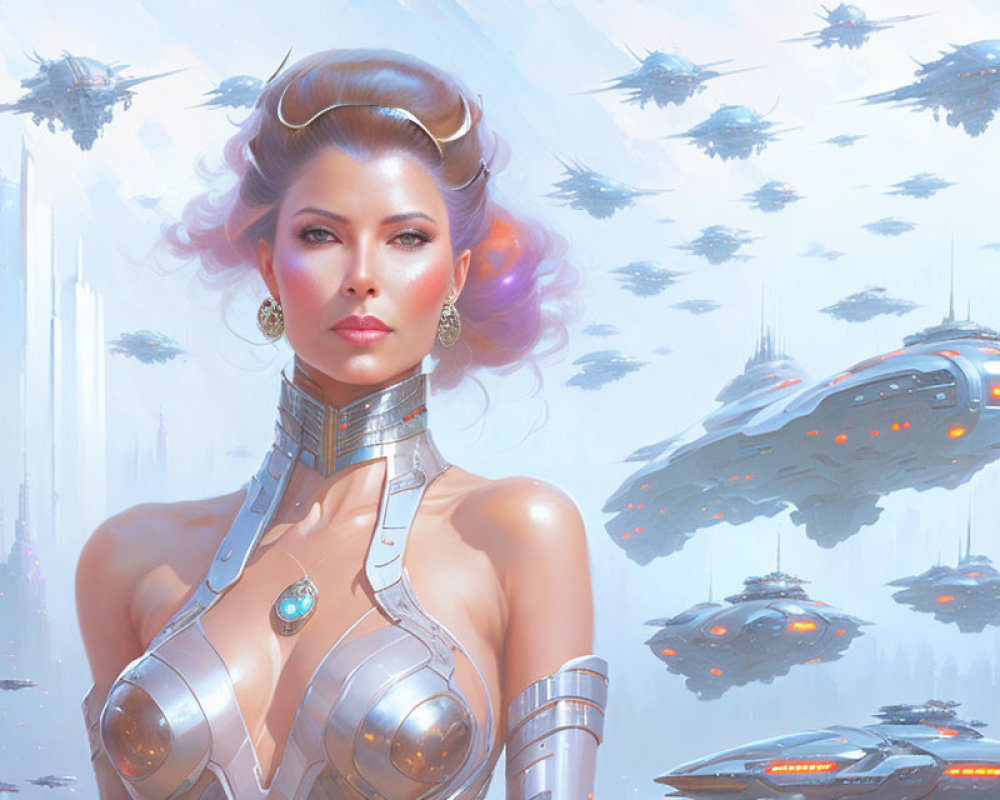 Cybernetic woman with futuristic attire and cityscape background.