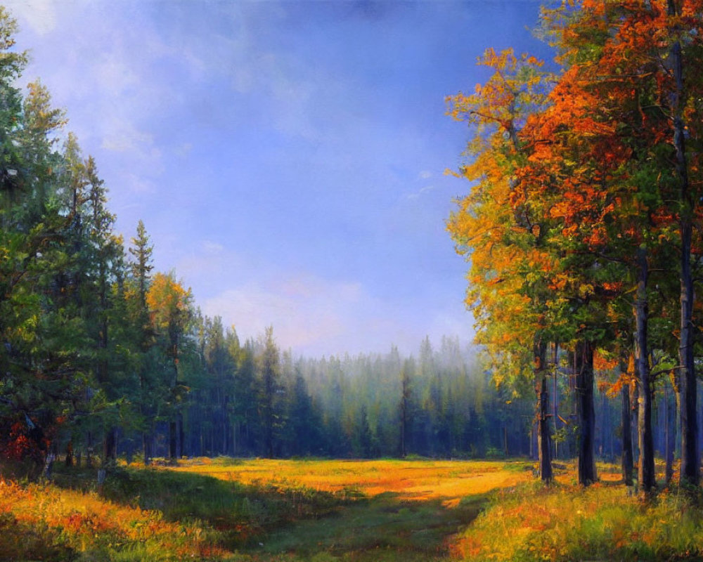Tranquil autumn forest with blue sky and vibrant foliage