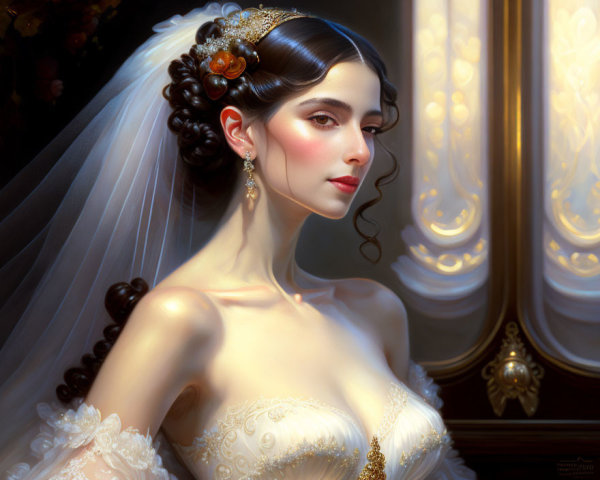 Bride in lace veil, pearl earrings, floral hairpiece on ornate background