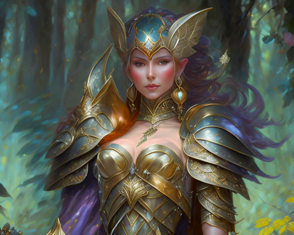 Female warrior in golden armor and winged helmet in enchanted forest