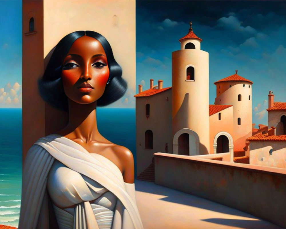 Portrait of woman with dark hair and bold makeup by coastal Mediterranean buildings