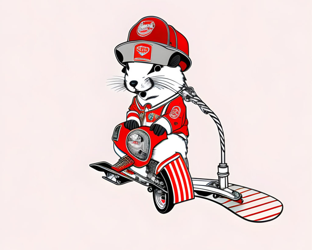 Stylized badger in red & white football gear on scooter against plain background