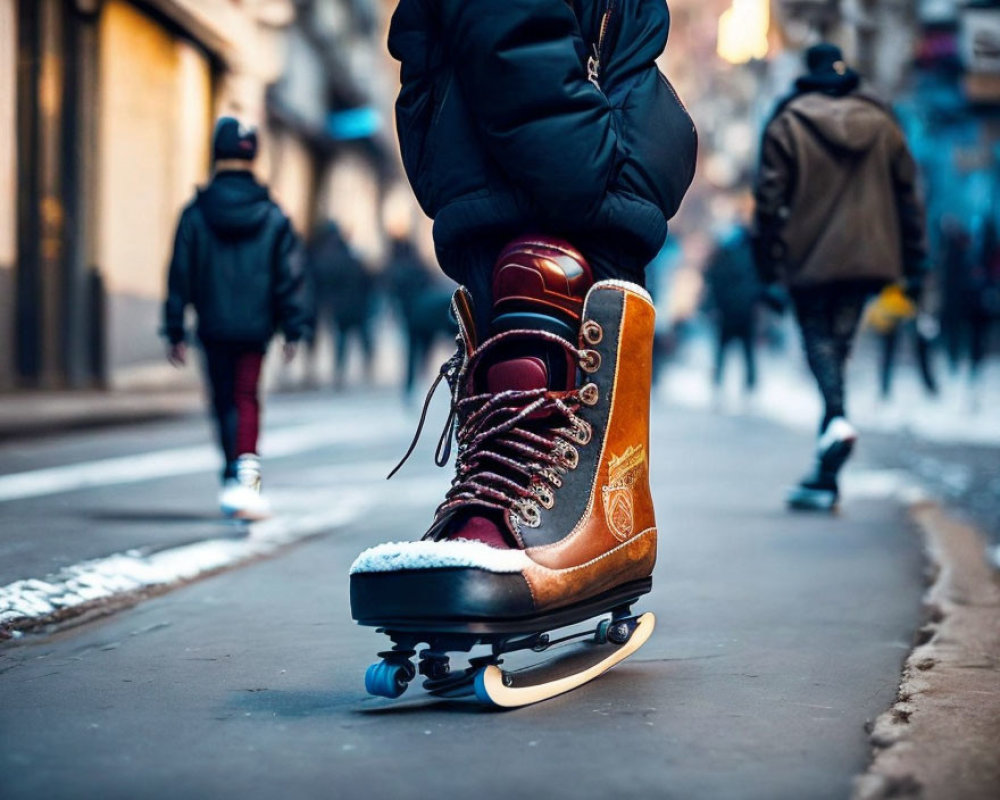 Person ice skating on city street with focus on brown skate, pedestrians blurred in background