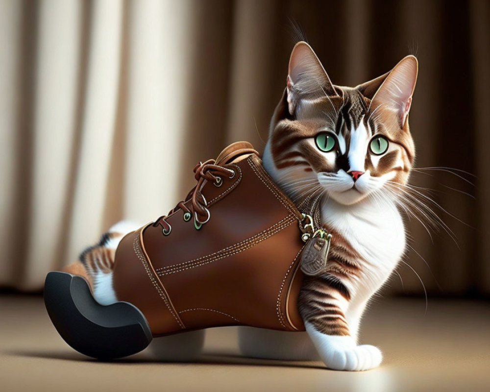 Tabby cat with green eyes peeking from oversized brown boot