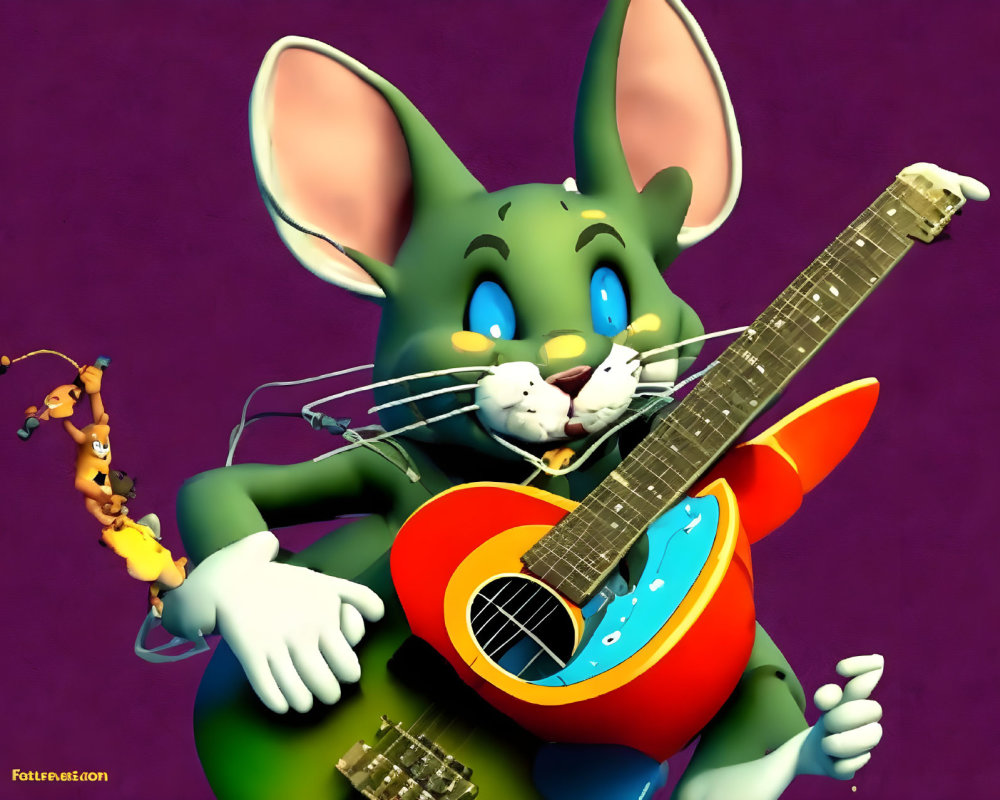 Vibrant illustration of green mouse playing blue and red guitar