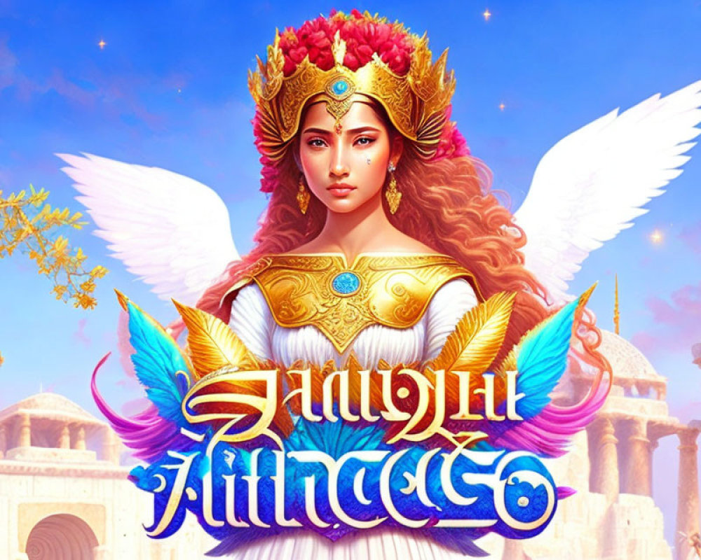 Regal female figure with angelic wings in golden armor against ancient backdrop