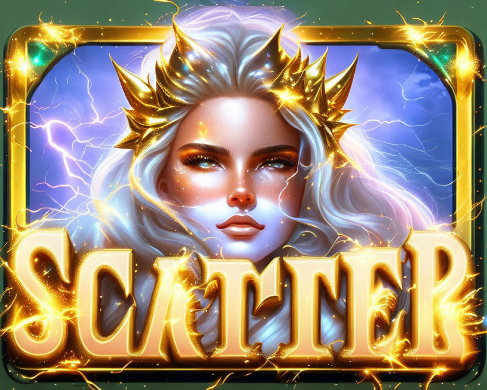 Stylized illustration of woman with white hair and golden crown in lightning border.