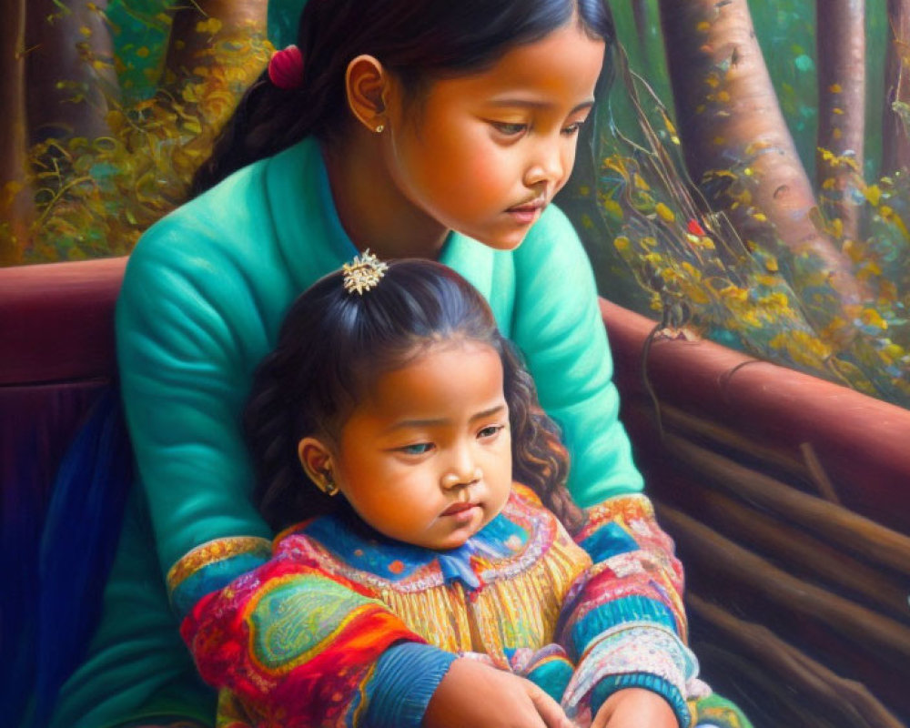 Two young girls in forest: older in teal shirt, younger in colorful sweater