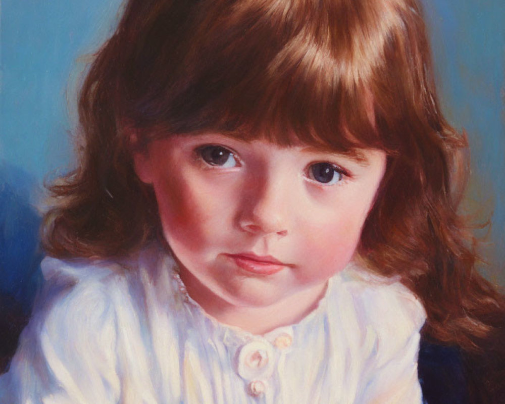 Portrait of Young Child with Brown Hair in White Outfit on Blue Background