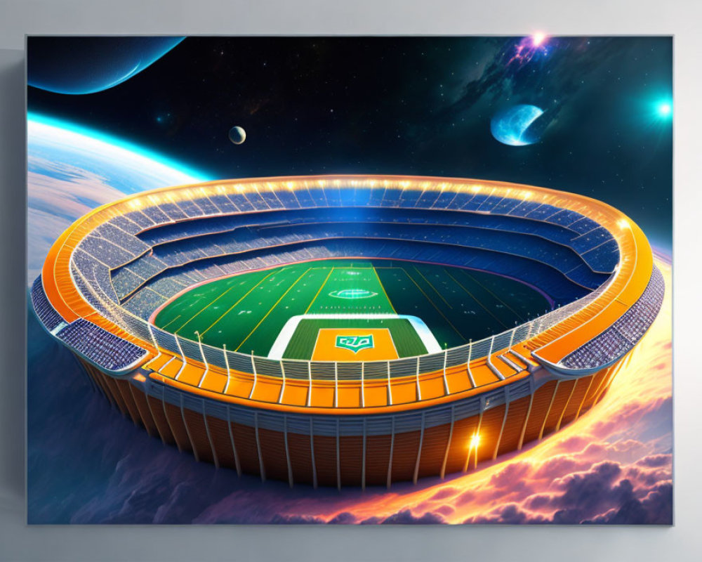 Futuristic space stadium with football field and cosmic backdrop