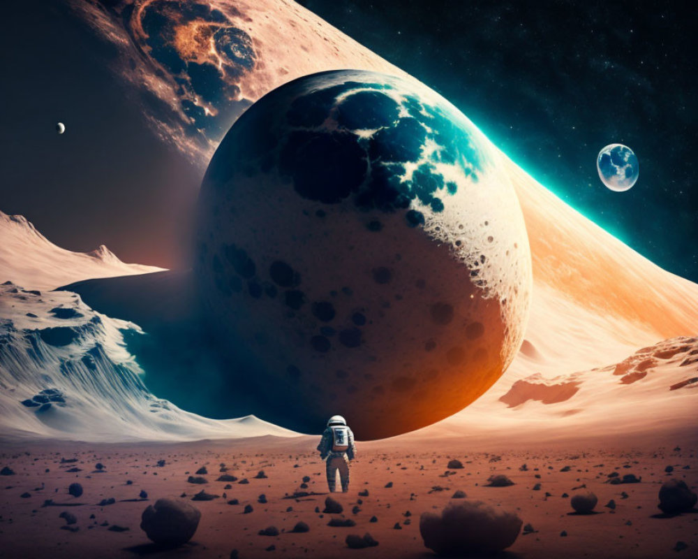 Astronaut on rocky alien surface under starry sky