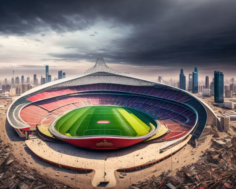 Modern stadium with unique roof design and vast seating against dramatic cityscape