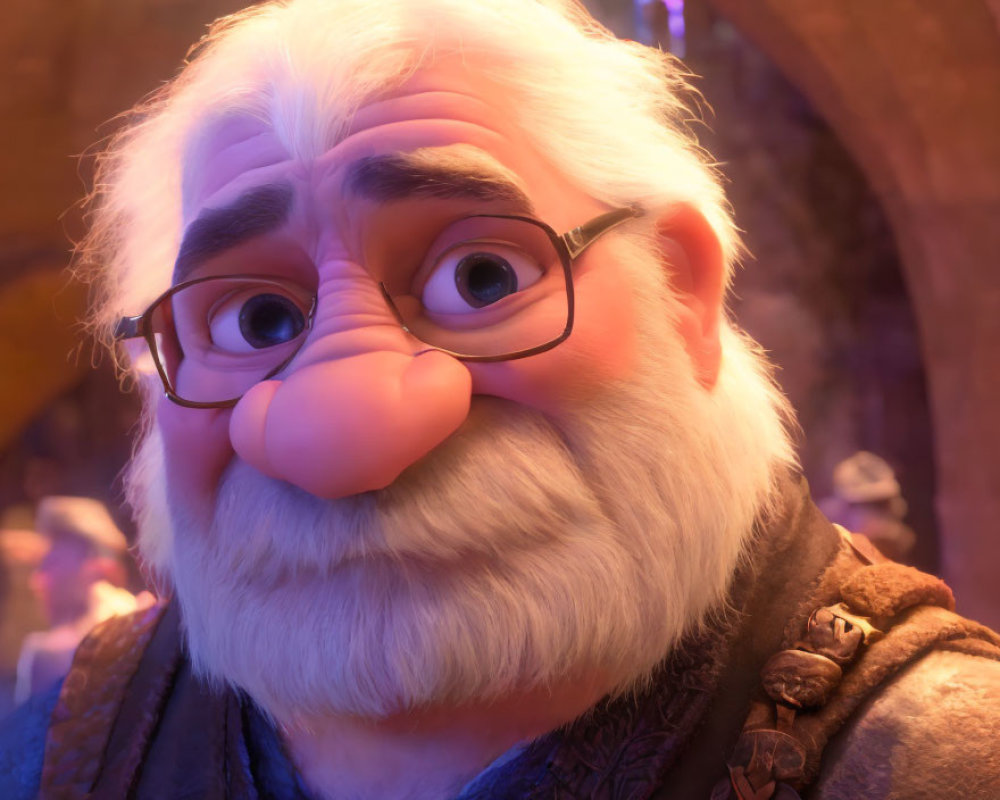 Elderly Animated Character with White Hair and Round Glasses
