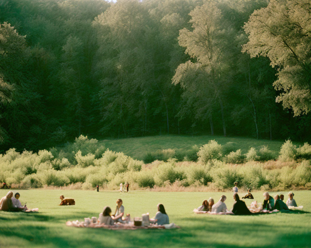 Lush Park Picnic with Green Trees and Golden Sunlight