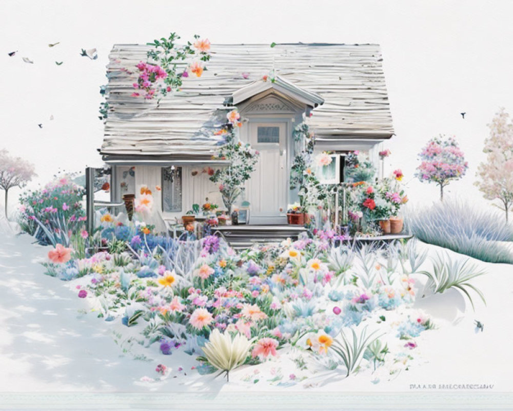 Charming cottage with colorful flowers and snow-covered landscape