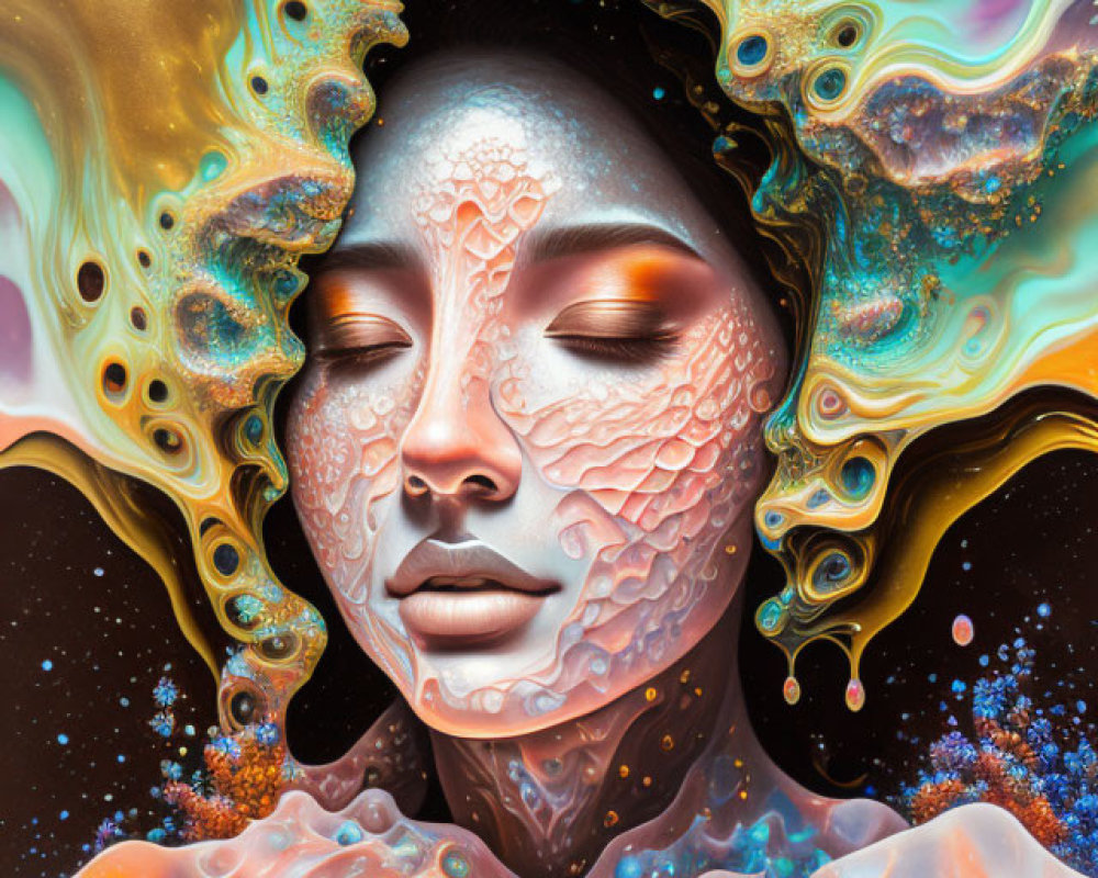 Surreal portrait blending woman's face with liquid-like patterns and coral textures in gold, orange,