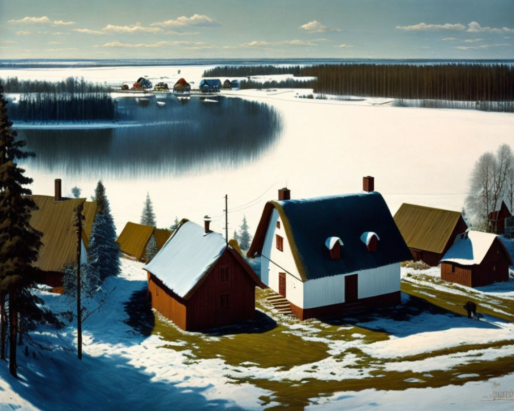 Snowy Winter Landscape with Red-Roofed Houses and Frozen Lake