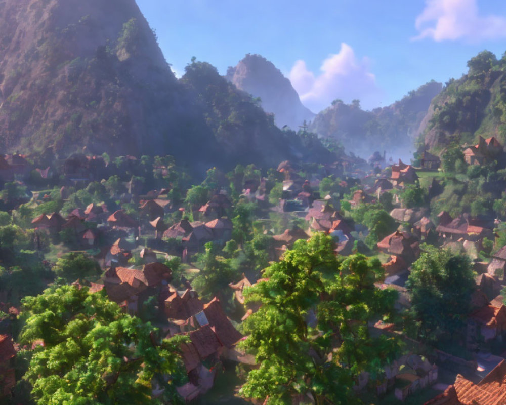 Scenic village with traditional houses and lush hills