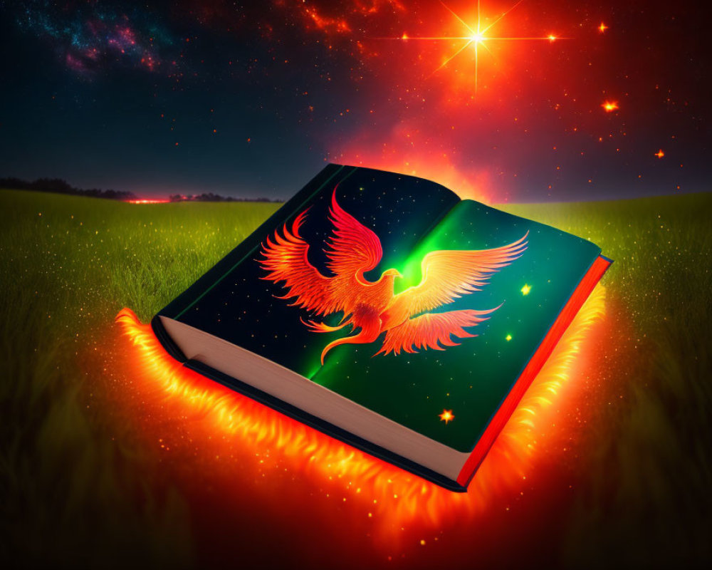 Illustrated magical book featuring phoenix on grass under starry night sky