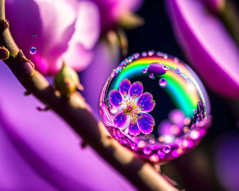 Colorful water droplet magnifies pink flower on twig with purple hues and glistening droplets