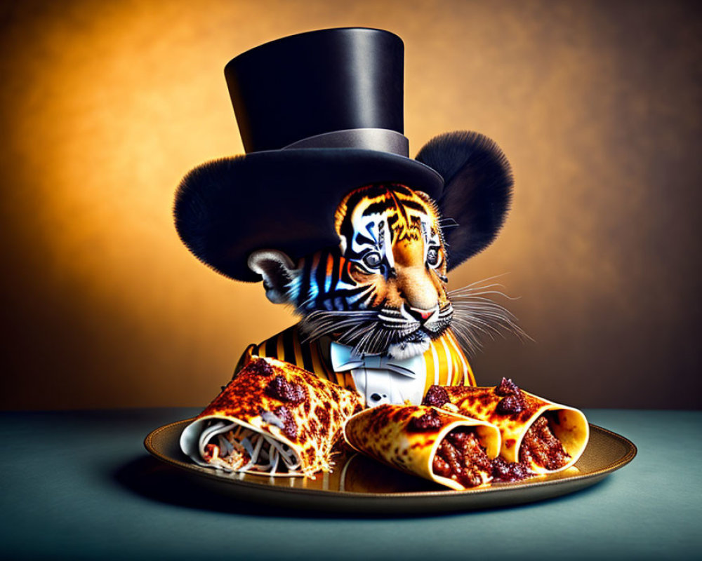 Sophisticated tiger in top hat and suit with cannelloni plate on amber background