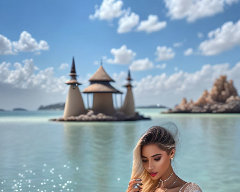 Woman in white outfit gazes at calm sea with fantasy castle on distant island