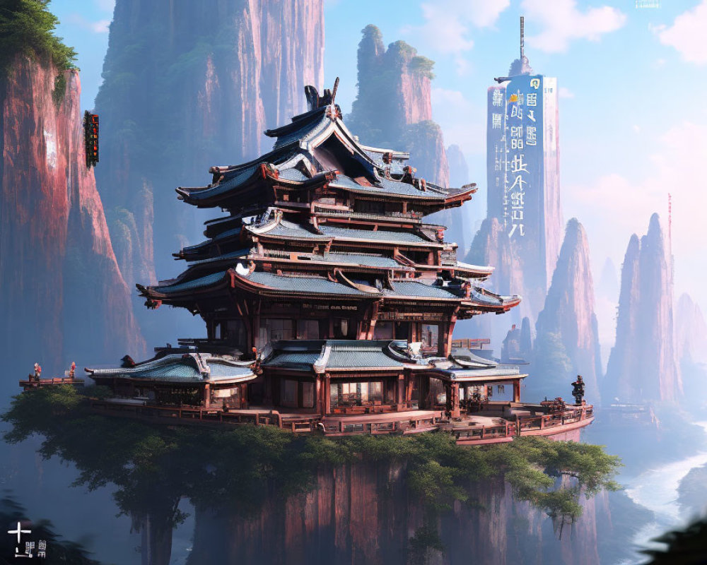 Traditional Asian Pagoda on Cliff with Karst Pillars Background
