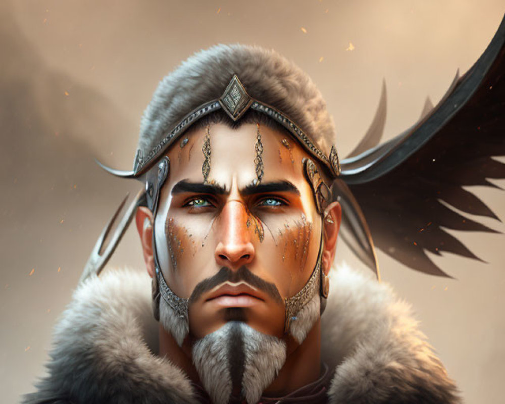 Warrior with fur collar, armor, and facial tattoos under smoky sky