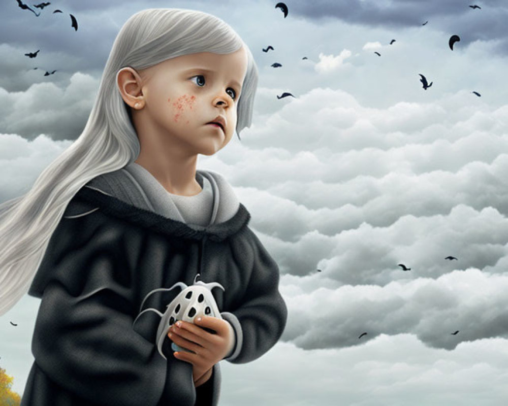 Young girl with white hair and freckles in black cloak holding ladybug gazes at cloudy sky