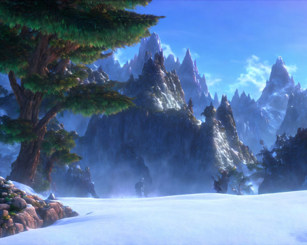 Snowy Mountain Landscape with Evergreen Trees and Misty Atmosphere