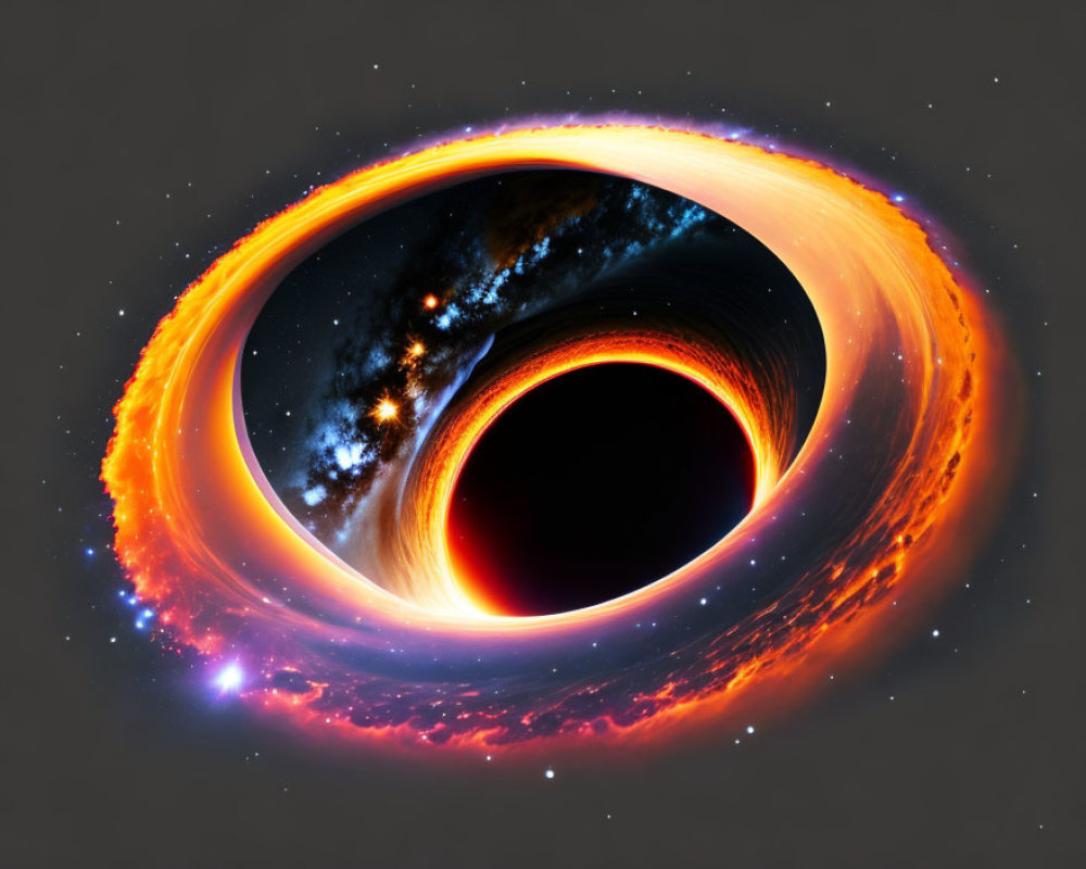 Colorful black hole with orange and red accretion disk in space