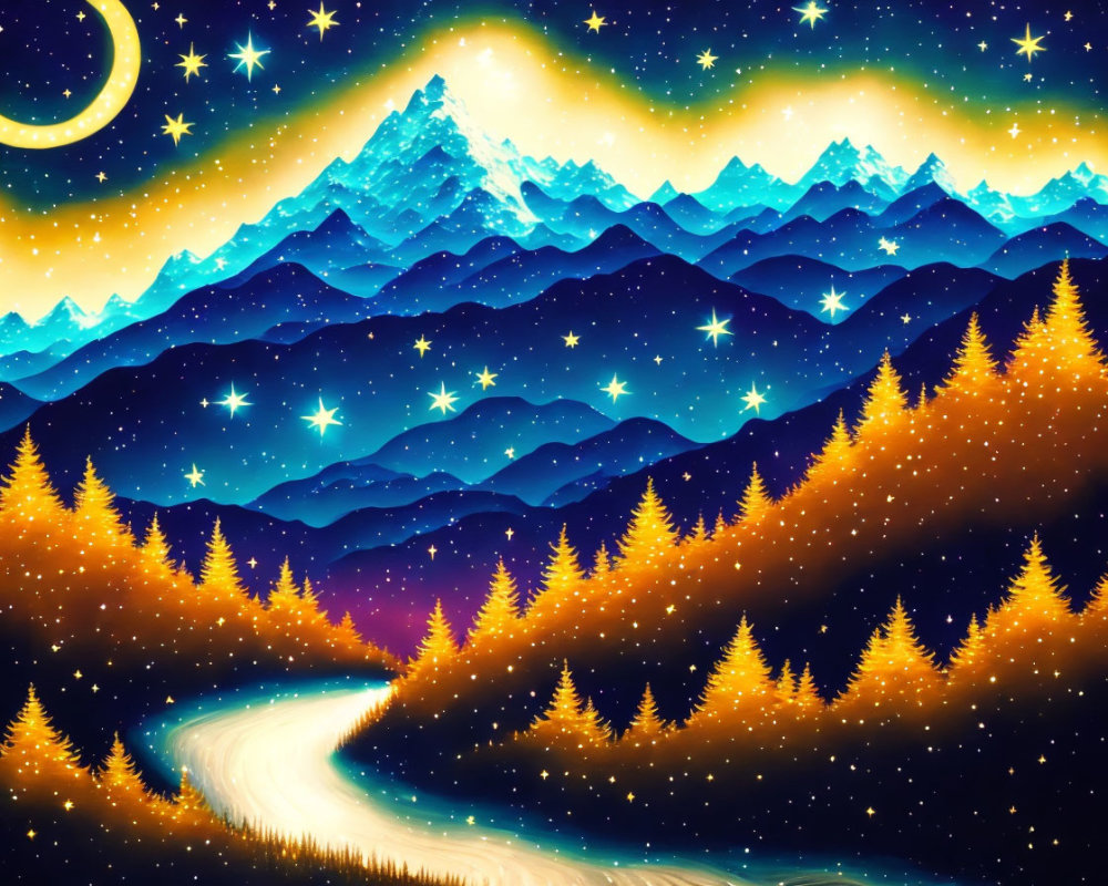 Vibrant digital artwork of starry night sky over mountains and golden forest