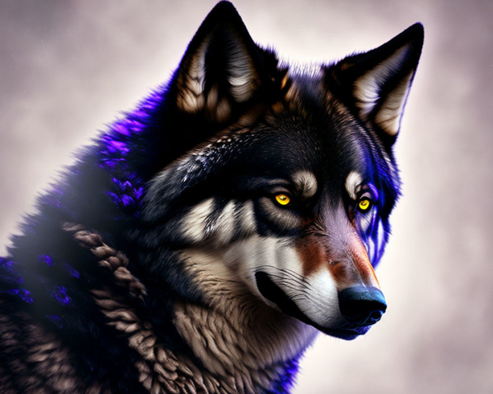 Detailed depiction of a black wolf with yellow eyes under purple lighting