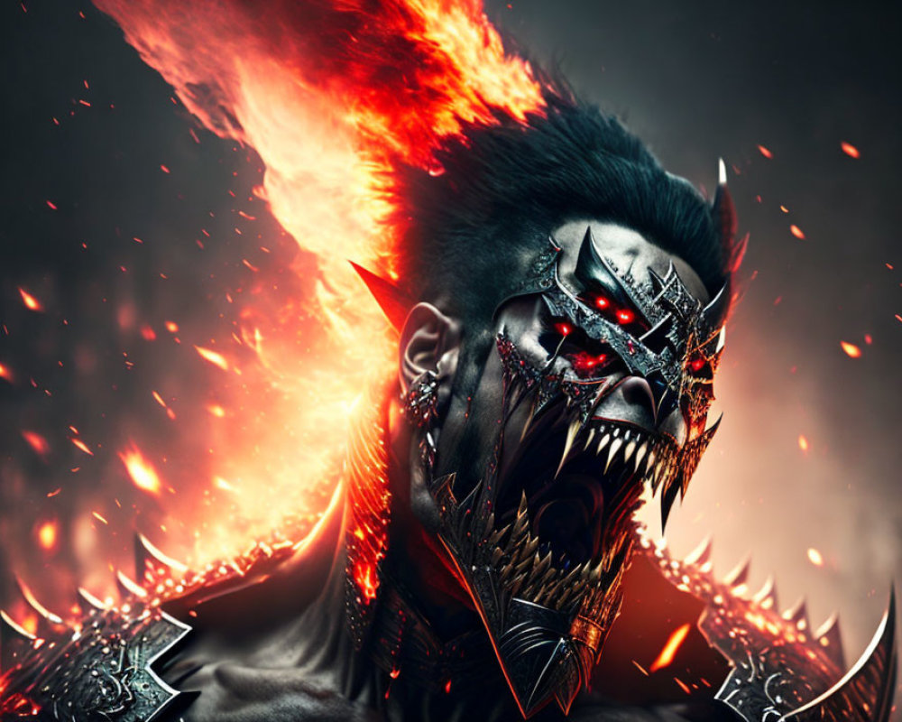 Demonic armored figure with glowing red eyes in fiery background