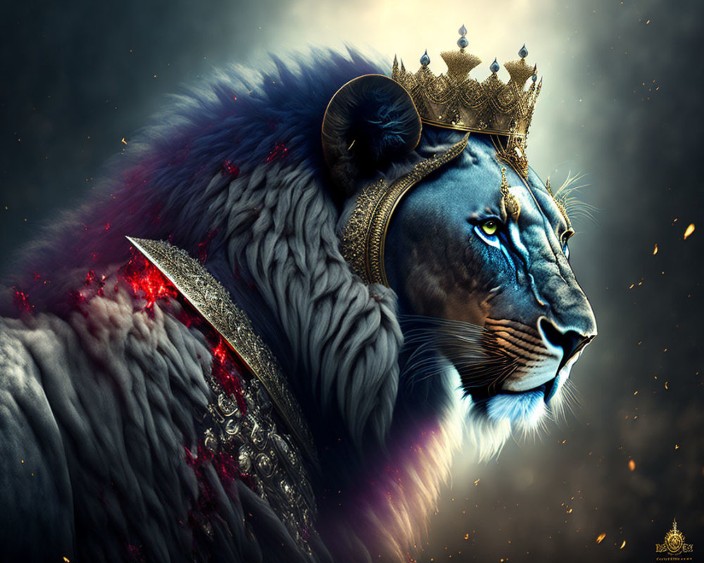 Majestic lion with blue face and golden crown in royal armor against dark starry background