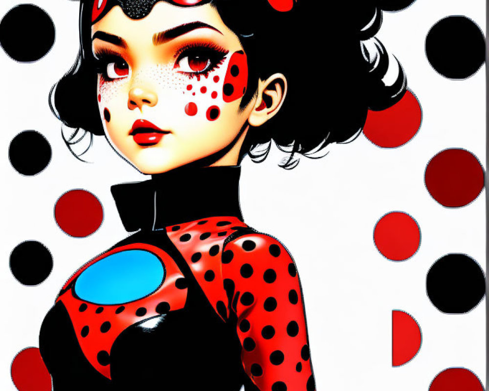 Stylized illustration of young woman with black hair and red polka dots on face in black and