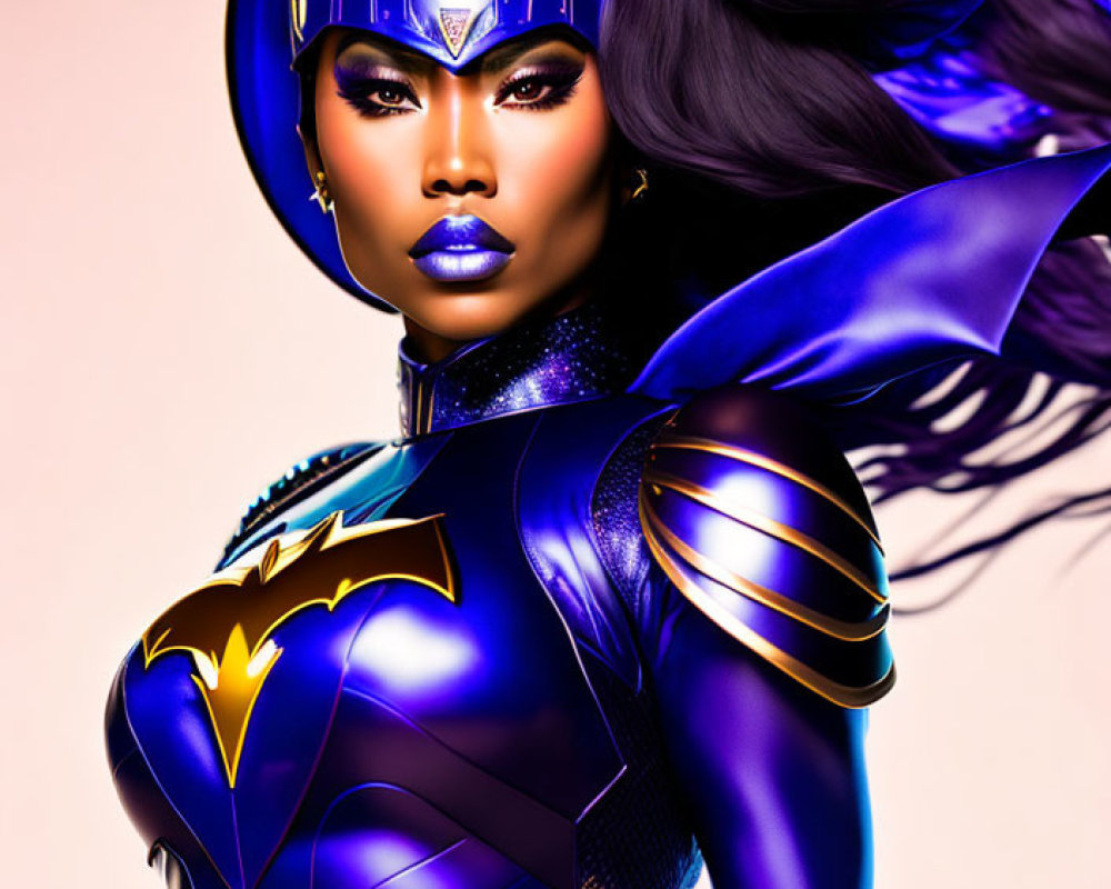 Purple Superhero Costume with Bold Makeup and Dynamic Pose